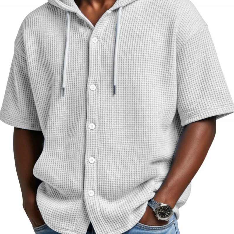 Blusa Casual de Manga Curta com Capuz e Trama Waffle, para Primavera e Verão