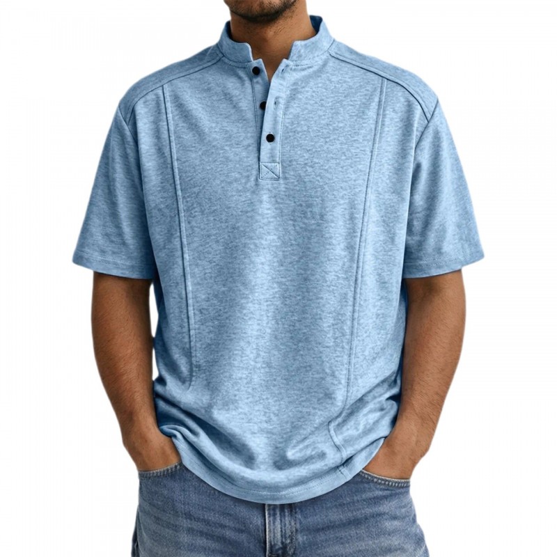 Camisa Polo Masculina de Tricô de Manga Curta com Gola Henley