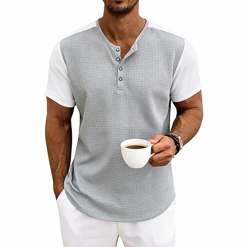 Camiseta Henley Masculina de Manga Curta, Corte Largo e Cores Contrastantes