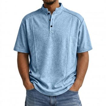 Camisa Polo Masculina de Tricô de Manga Curta com Gola Henley