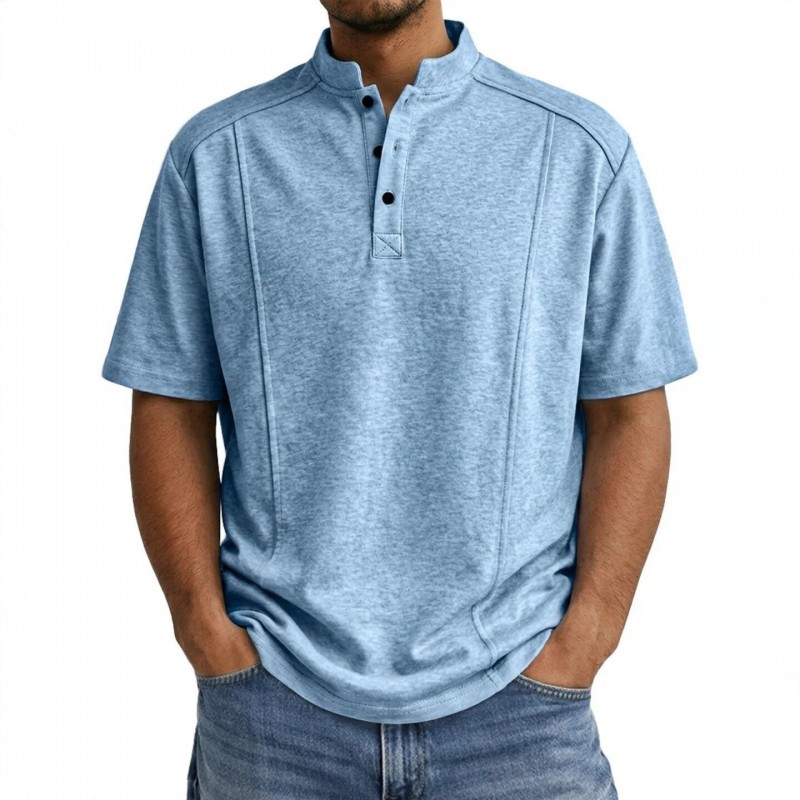 Camisa Polo Masculina de Tricô de Manga Curta com Gola Henley