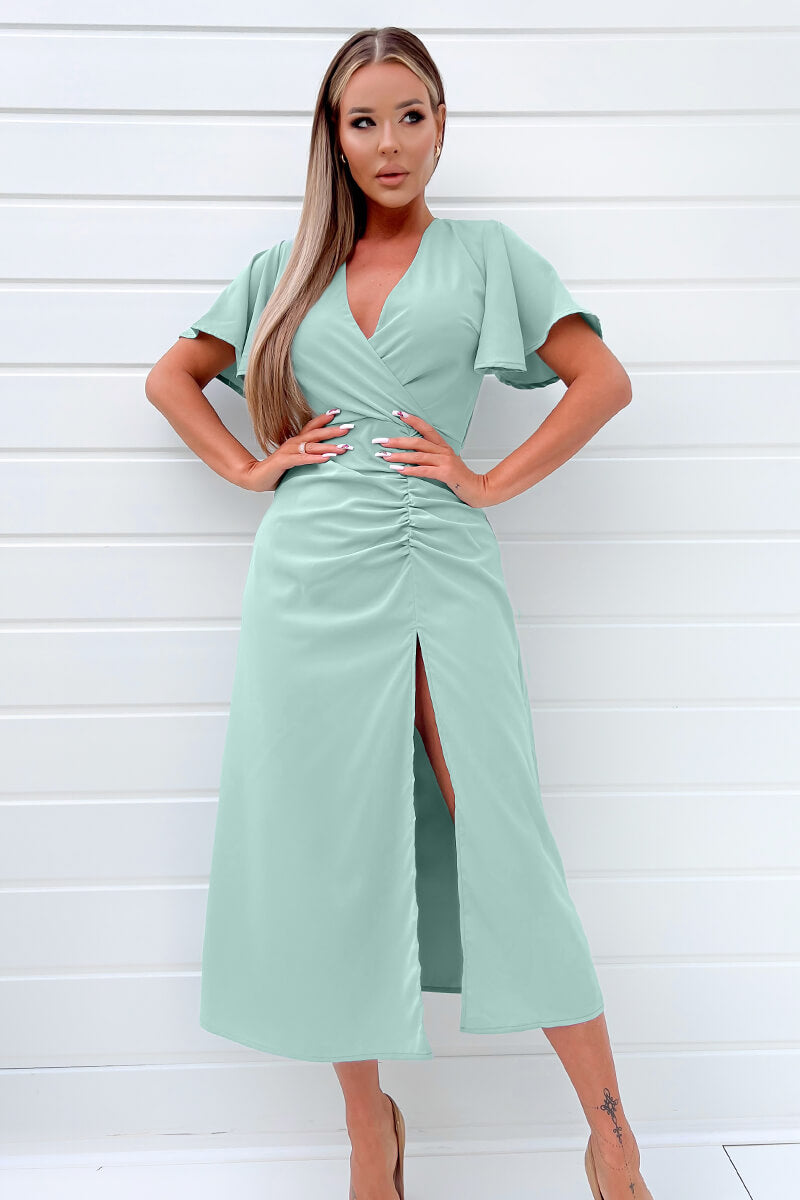 Duck Egg Ruched Split Leg Midi Dress Duck Egg Ruched Split Leg Midi Dress
