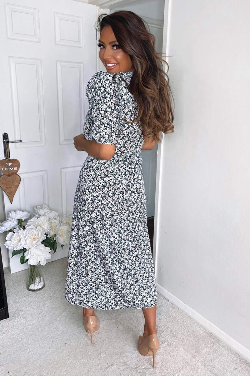 Cream Daisy Print Pleat Sleeve Midi Dress Cream Daisy Print Pleat Sleeve Midi Dress