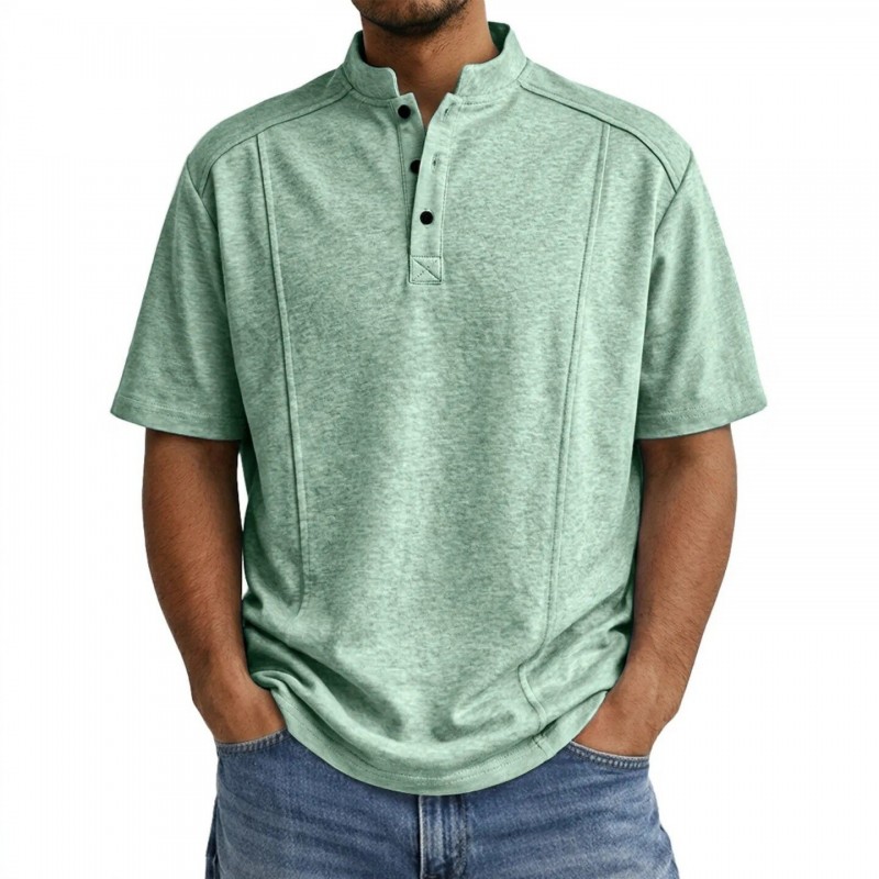 Camisa Polo Masculina de Tricô de Manga Curta com Gola Henley