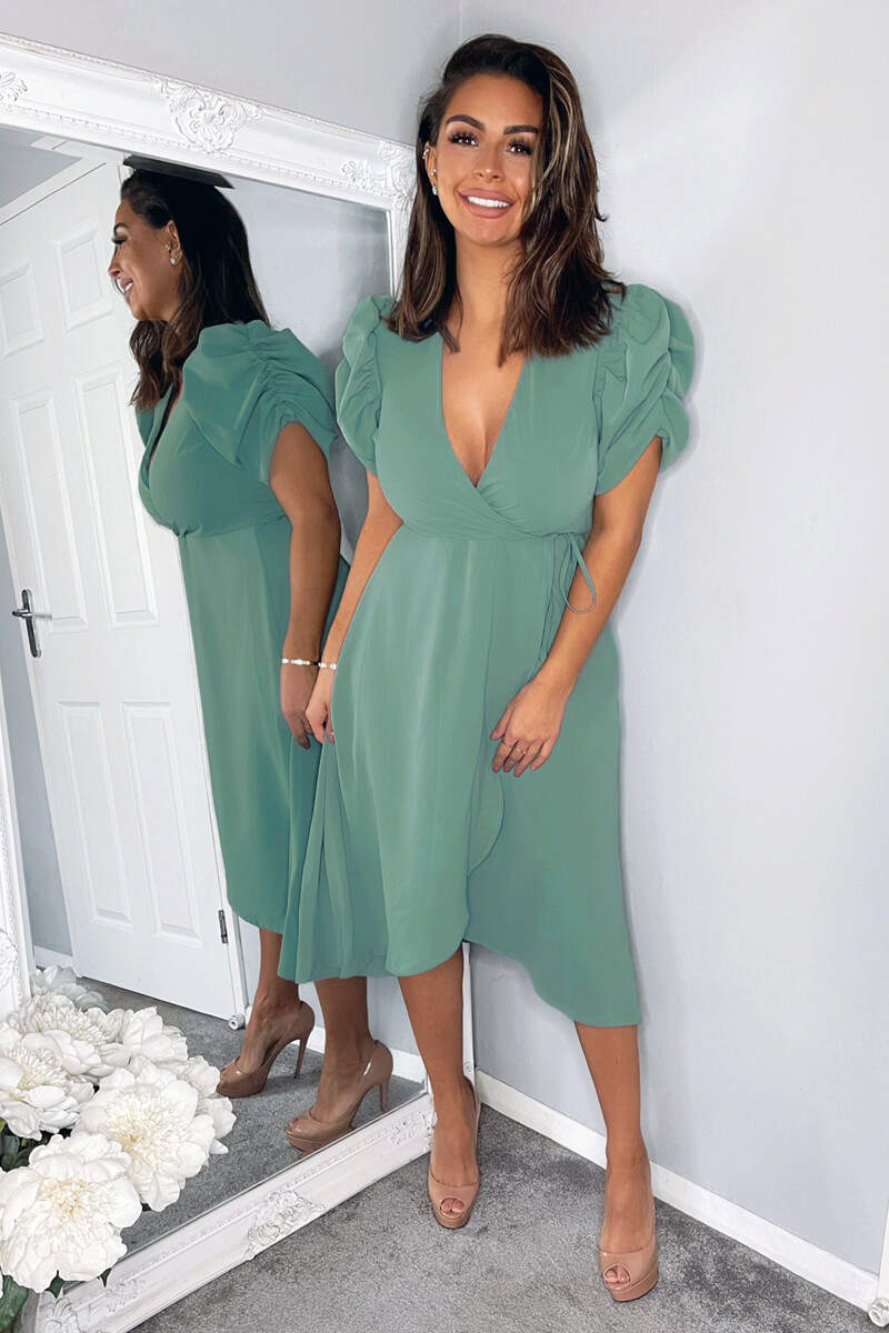 Duck Egg Wrap Over Tie Midi Dress Duck Egg Wrap Over Tie Midi Dress