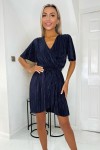 Navy Wrap Top Belted Short Sleeve Plisse Mini Dress