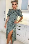Mint Animal Print Pleat Frill Midi Dress