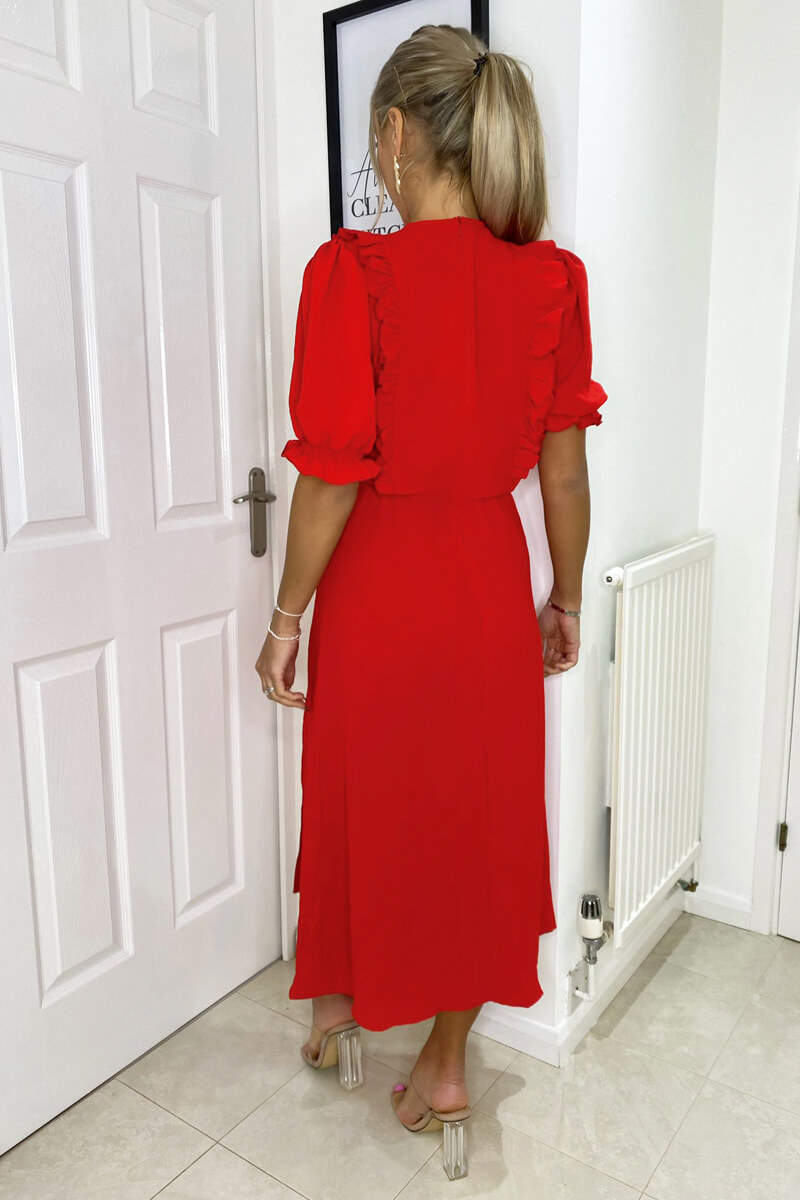 Red Ruffle Split Leg Midi Dress