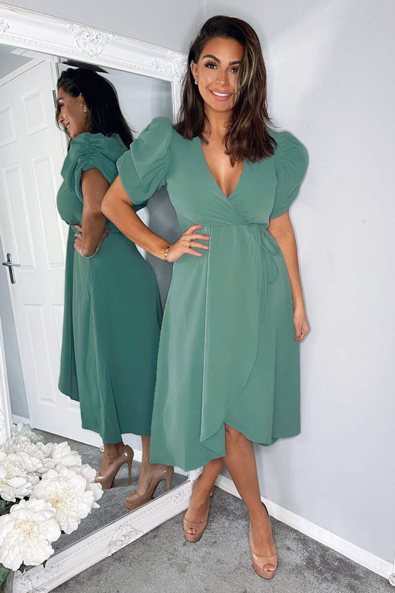 Duck Egg Wrap Over Tie Midi Dress Duck Egg Wrap Over Tie Midi Dress