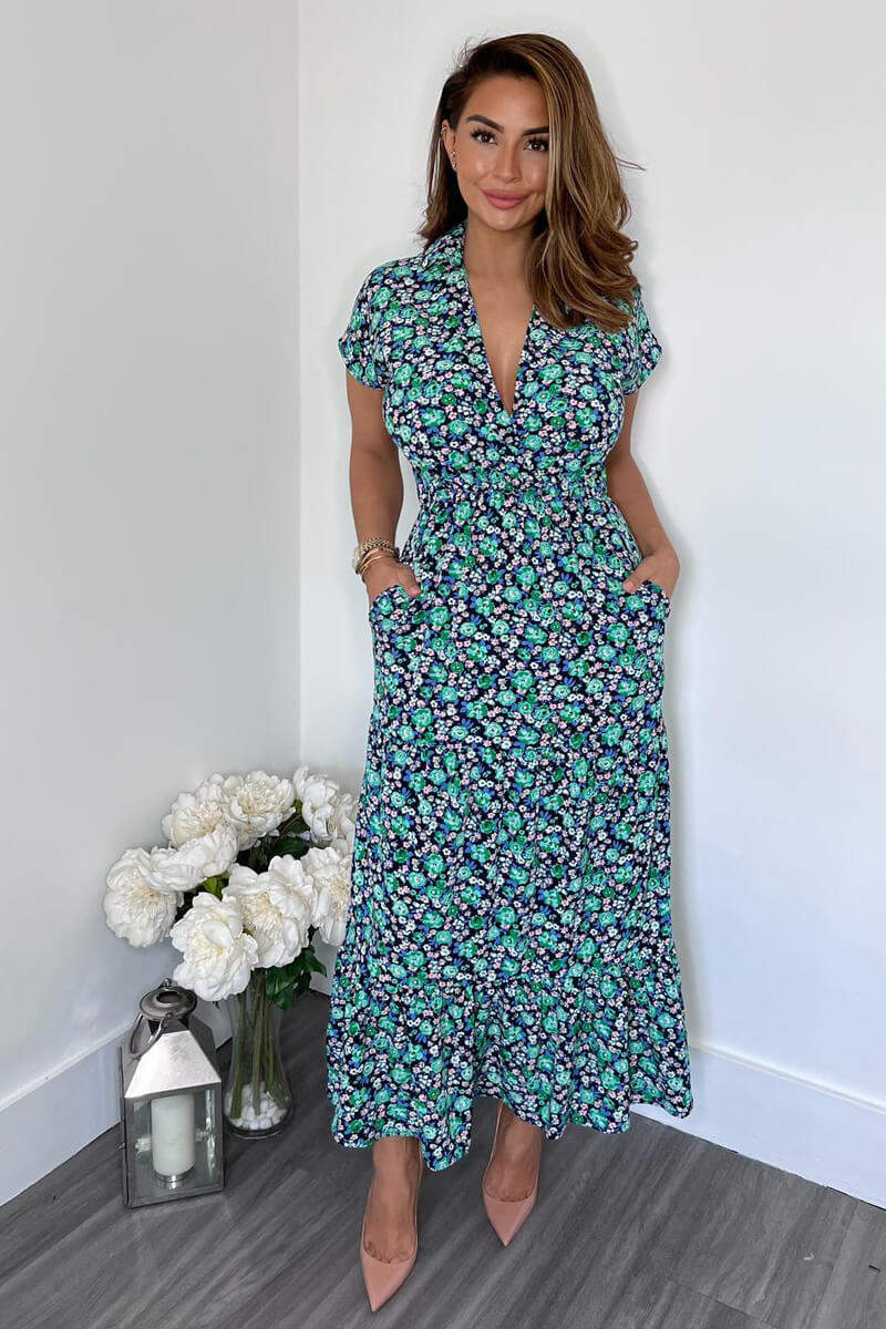 Navy Floral Print Short Sleeved V-Neck Midi Smock Dress Navy Floral Print Short Sleeved V-Neck Midi Smock Dress