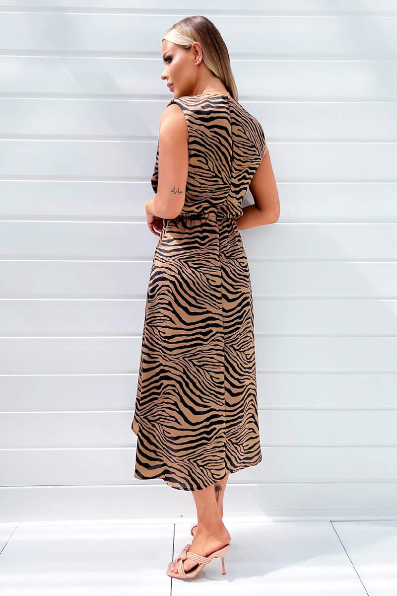 Camel Zebra Print Shoulder Padded Midi Dress Camel Zebra Print Shoulder Padded Midi Dress