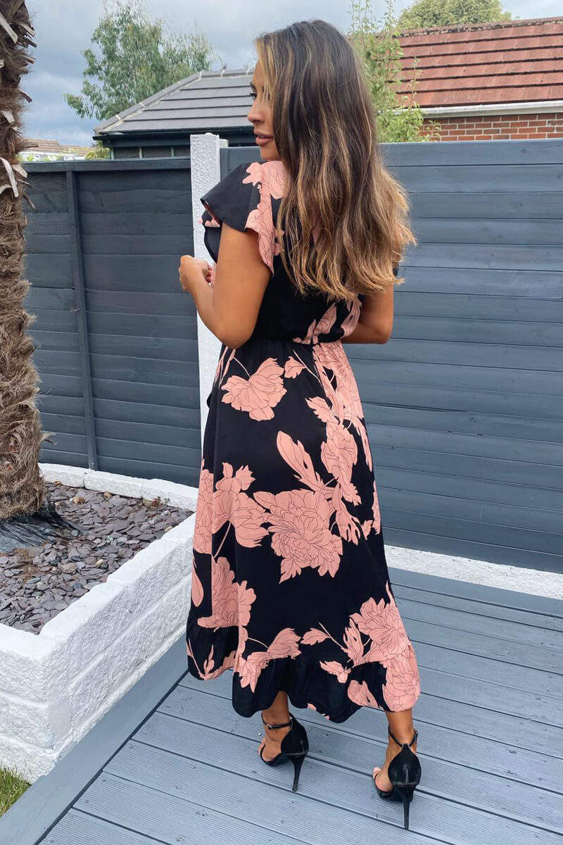 Black and Blush Floral Print Wrap Midi Dress * 20 pieces Black and Blush Floral Print Wrap Midi Dress * 20 pieces