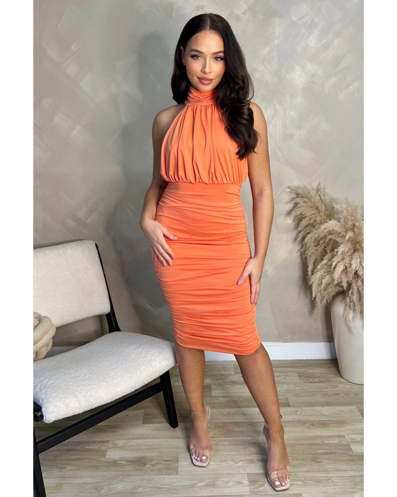 Peach Ruched High Neck Midi Dress