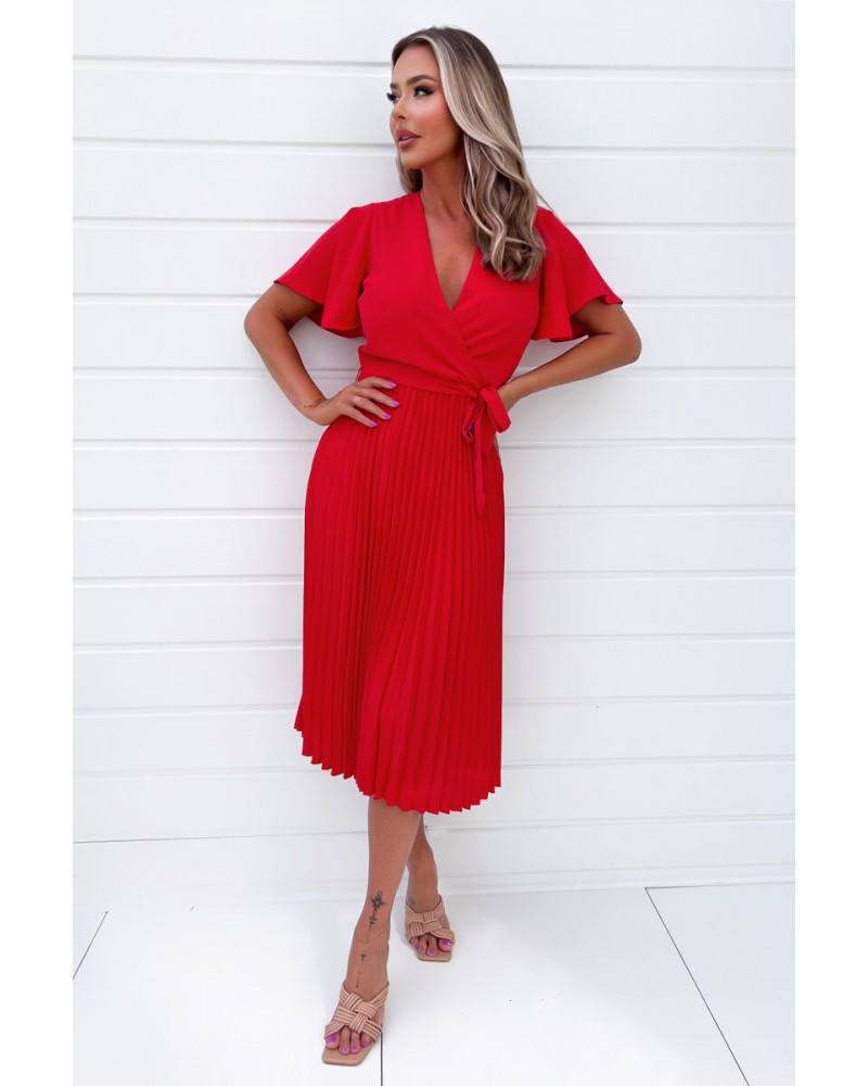 Red Belted Pleated Skirt Midi Dress