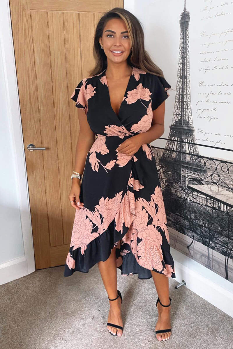 Black and Blush Floral Print Wrap Midi Dress * 20 pieces Black and Blush Floral Print Wrap Midi Dress * 20 pieces