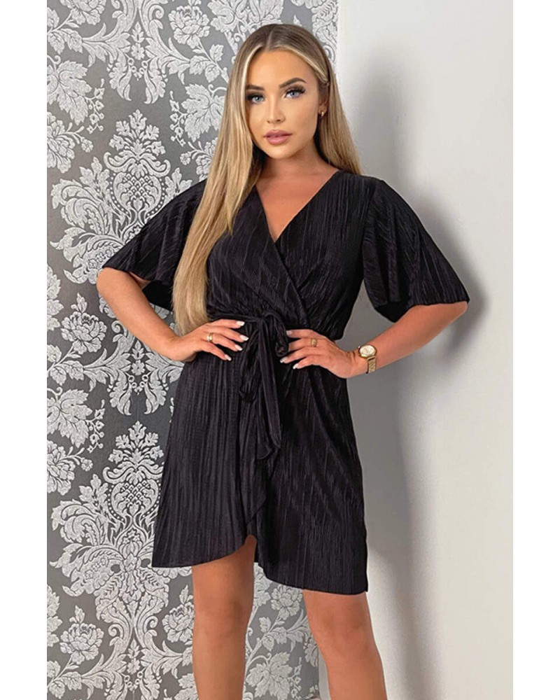 Black Wrap Top Belted Short Sleeve Plisse Mini Dress