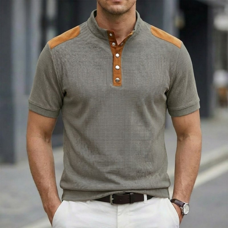 Camiseta Masculina de Manga Curta com Gola Alta e Botões, Bloco de Cores, Respirável e Casual
