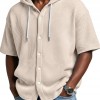 Blusa Casual de Manga Curta com Capuz e Trama Waffle, para Primavera e Verão