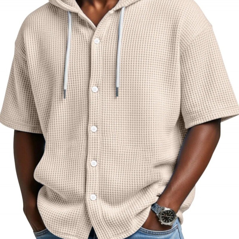 Blusa Casual de Manga Curta com Capuz e Trama Waffle, para Primavera e Verão