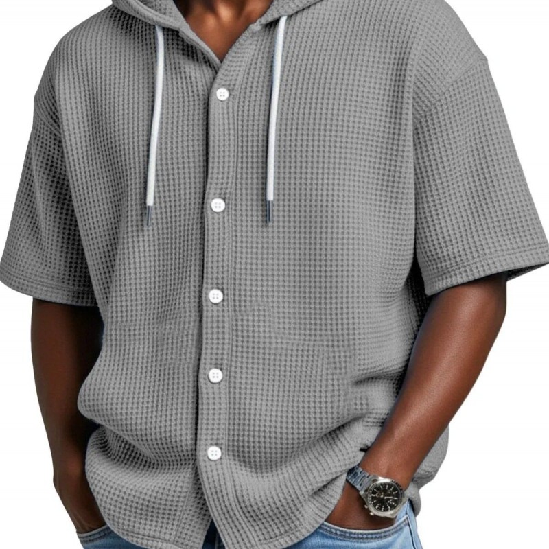 Blusa Casual de Manga Curta com Capuz e Trama Waffle, para Primavera e Verão