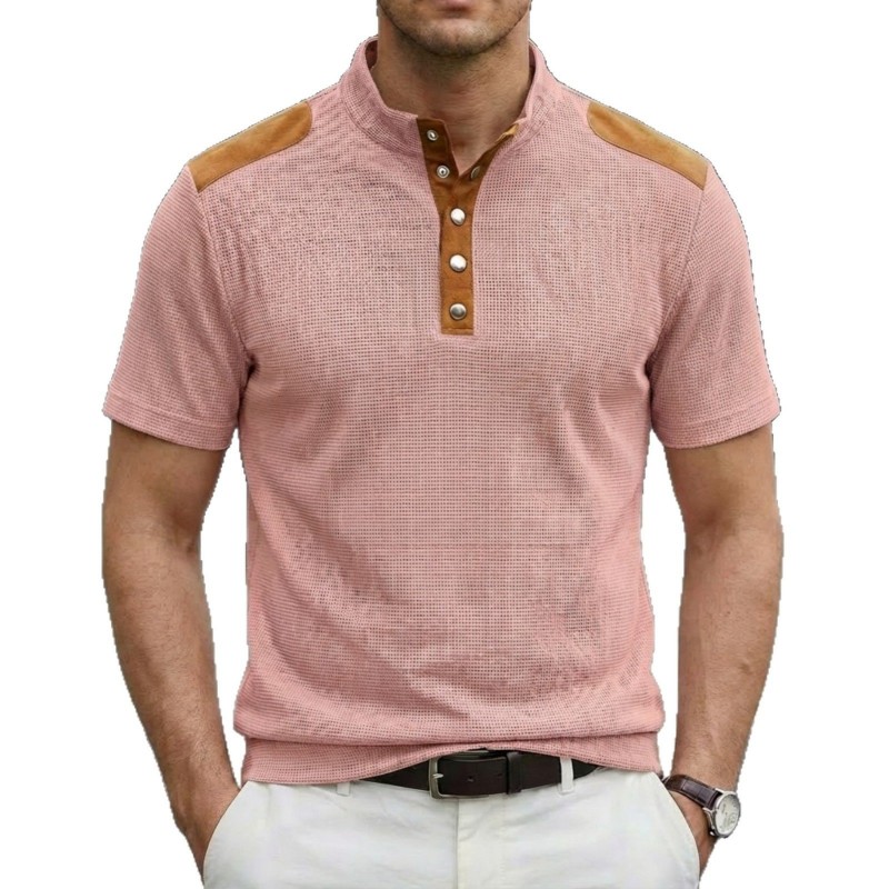 Camiseta Masculina de Manga Curta com Gola Alta e Botões, Bloco de Cores, Respirável e Casual