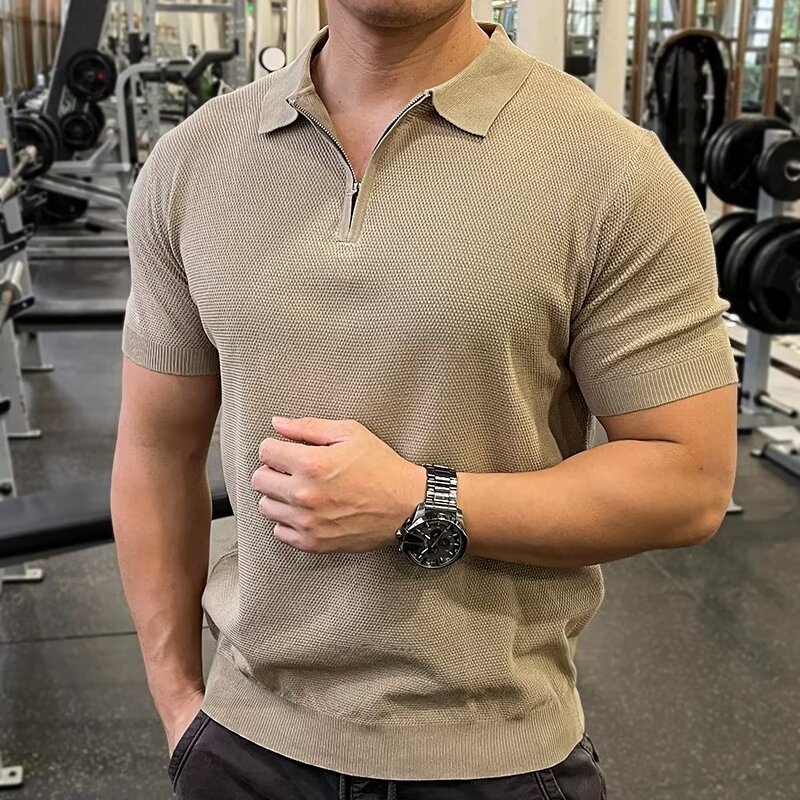 Camisa de Tricô Masculina de Verão, Manga Curta, Cor Sólida e Corte Ajustado