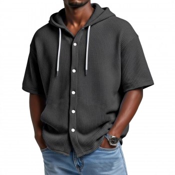 Blusa Casual de Manga Curta com Capuz e Trama Waffle, para Primavera e Verão