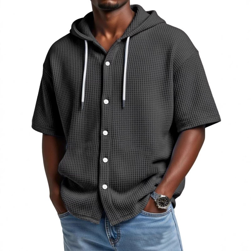 Blusa Casual de Manga Curta com Capuz e Trama Waffle, para Primavera e Verão