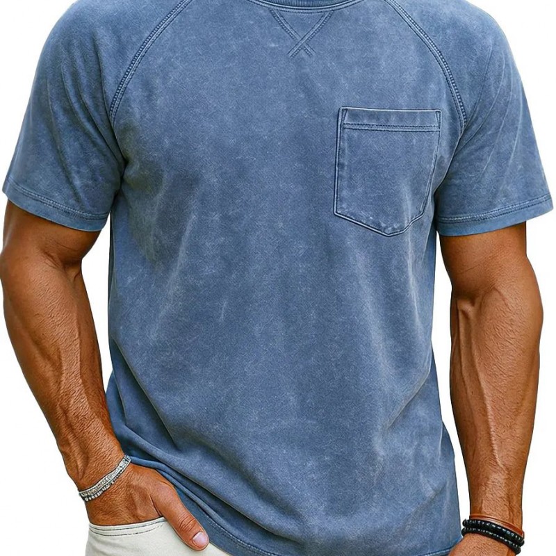 Camiseta Masculina Casual Retrô com Manga Raglan, Gola Redonda e Acabamento Envelhecido