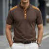 Camiseta Masculina de Manga Curta com Gola Alta e Botões, Bloco de Cores, Respirável e Casual