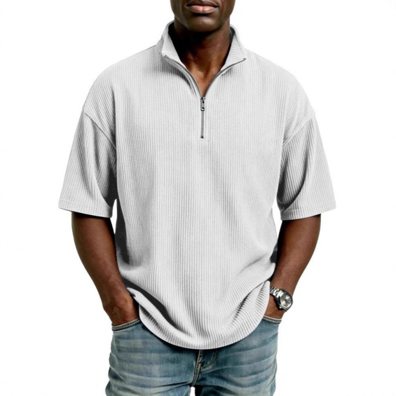 Blusa Masculina de Verão, Larga, Casual e de Cor Sólida com Trama Waffle