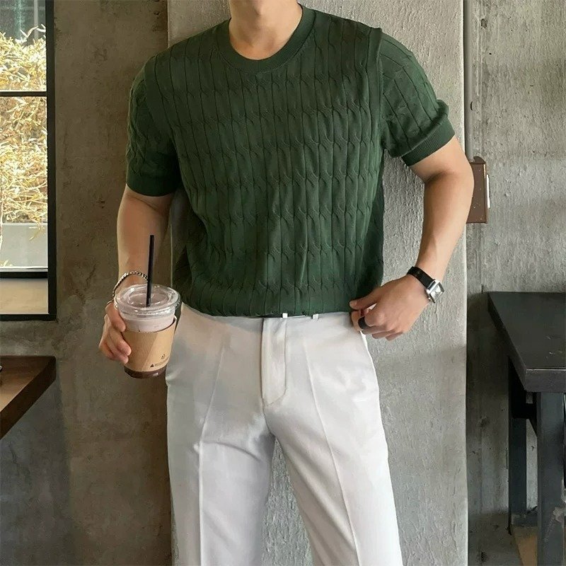Blusa Masculina Casual de Tricô de Manga Curta, Cor Sólida