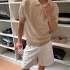 Camiseta de Tricô Masculina de Manga Curta com Gola Lapela e Listras Estilo Old Money