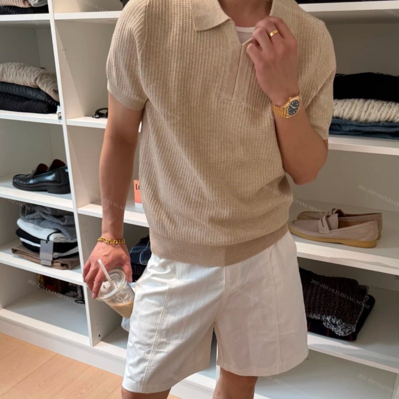 Camiseta de Tricô Masculina de Manga Curta com Gola Lapela e Listras Estilo Old Money