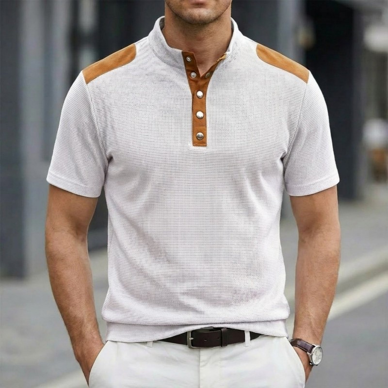 Camiseta Masculina de Manga Curta com Gola Alta e Botões, Bloco de Cores, Respirável e Casual