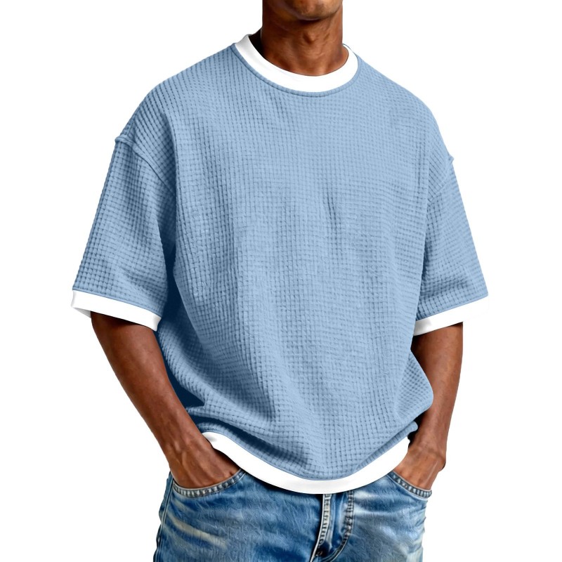 Camiseta Masculina Casual com Gola Redonda e Cores Contrastantes — Malha Leve de Algodão, Manga Curta, para o Dia a Dia