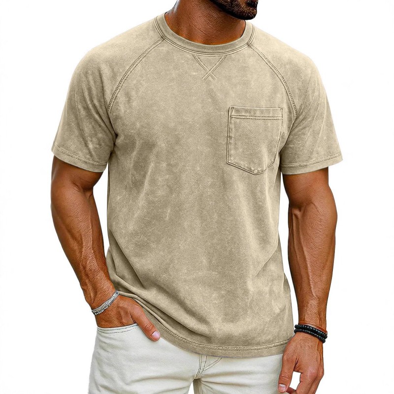 Camiseta Masculina Casual Retrô com Manga Raglan, Gola Redonda e Acabamento Envelhecido