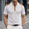 Camiseta Masculina de Manga Curta com Gola Alta e Botões, Bloco de Cores, Respirável e Casual