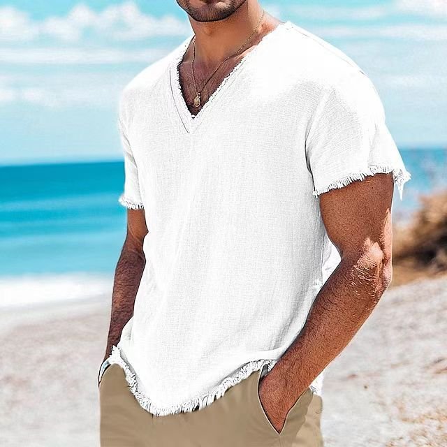 Camiseta Masculina de Algodão e Linho, Cor Sólida e Manga Curta