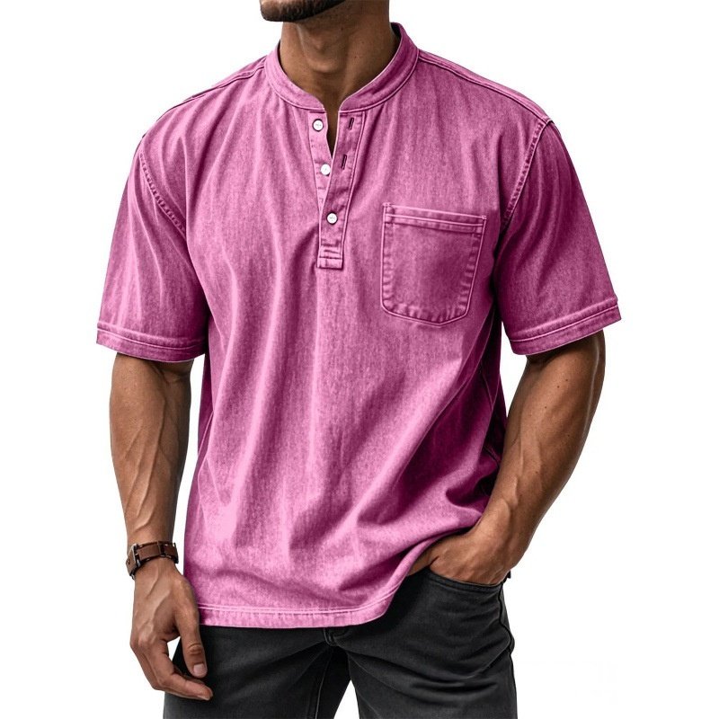Camisa Masculina Casual de Manga Curta com Botões e Gola Redonda, Combina com Tudo