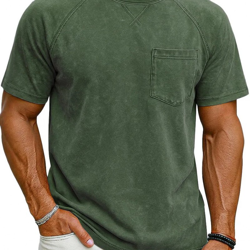 Camiseta Masculina Casual Retrô com Manga Raglan, Gola Redonda e Acabamento Envelhecido