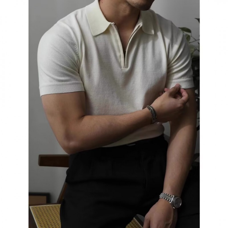 Camisa de Tricô Masculina de Verão, Manga Curta, Cor Sólida e Corte Ajustado