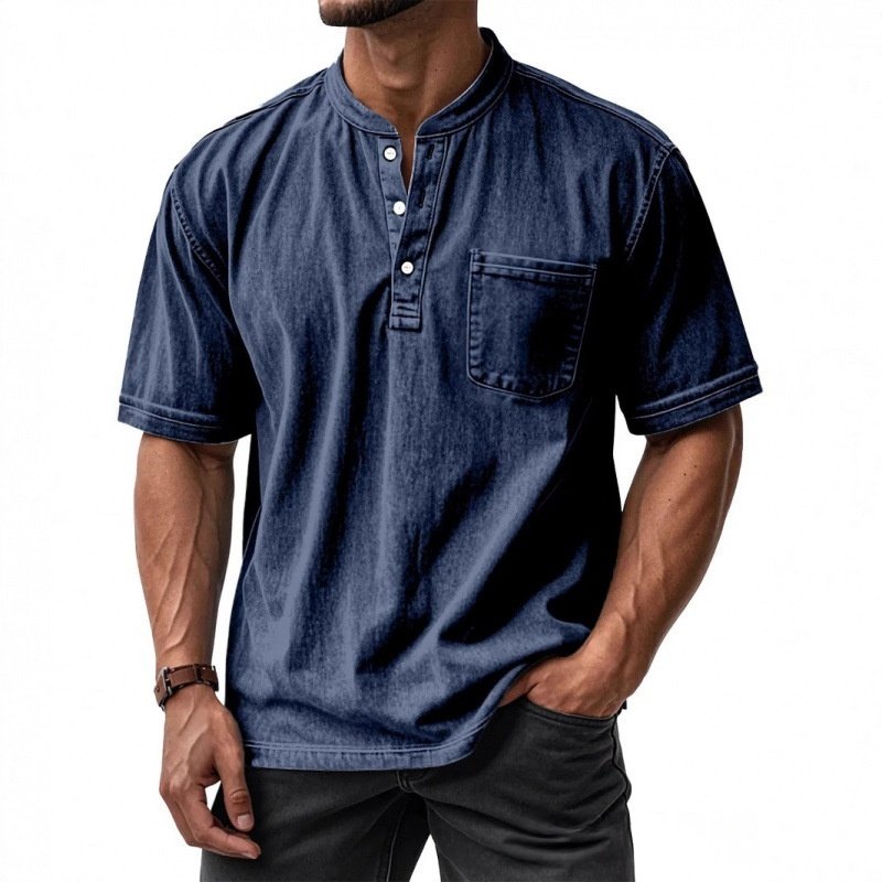 Camisa Masculina Casual de Manga Curta com Botões e Gola Redonda, Combina com Tudo