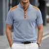 Camiseta Masculina de Manga Curta com Gola Alta e Botões, Bloco de Cores, Respirável e Casual
