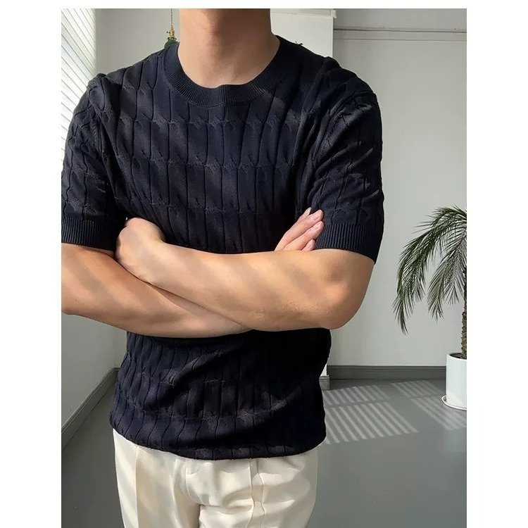 Blusa Masculina Casual de Tricô de Manga Curta, Cor Sólida