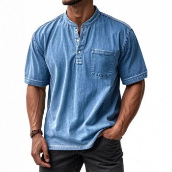 Camisa Masculina Casual de Manga Curta com Botões e Gola Redonda, Combina com Tudo