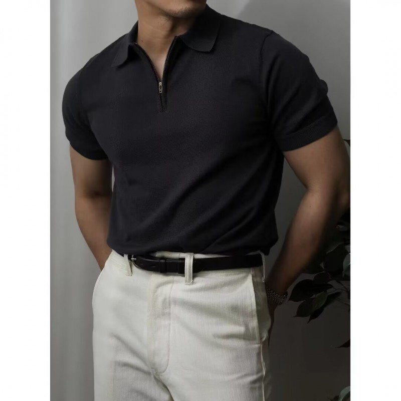 Camisa de Tricô Masculina de Verão, Manga Curta, Cor Sólida e Corte Ajustado