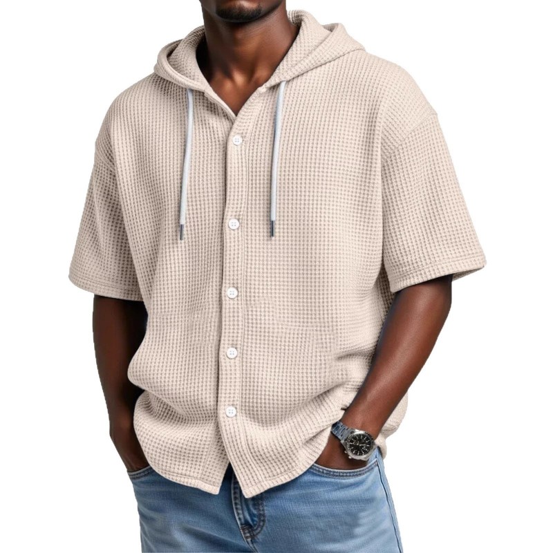 Blusa Casual de Manga Curta com Capuz e Trama Waffle, para Primavera e Verão